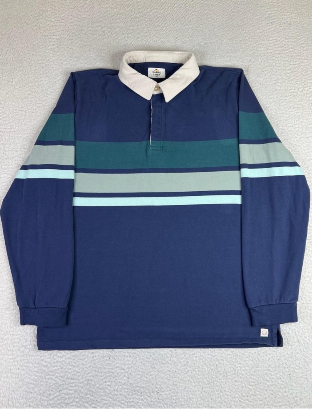Marine Layer Rugby Polo Shirt Blue Striped Cotton Long Sleeve Casual Men’s Large - Picture 5 of 14